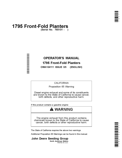 John Deere 1795 Front-Fold Planters North American Edition (765101-) OMA104111 Operators and Maintenance Manual PDF Download