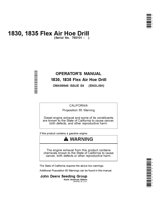 John Deere 1795 Front-Fold Planters Worldwide Edition (760101-765100) OMA99946 Operators and Maintenance Manual PDF Download
