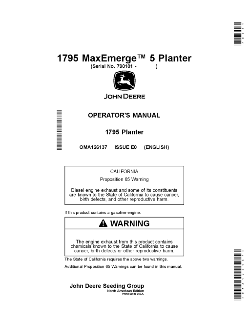 John Deere 1795 MaxEmerge 5 Planter (790101-) OMA126137 Operators and Maintenance Manual PDF Download