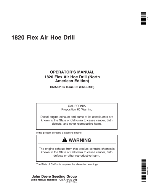 John Deere 1820 Flex Air Hoe Drill OMA83105 Operators and Maintenance Manual PDF Download