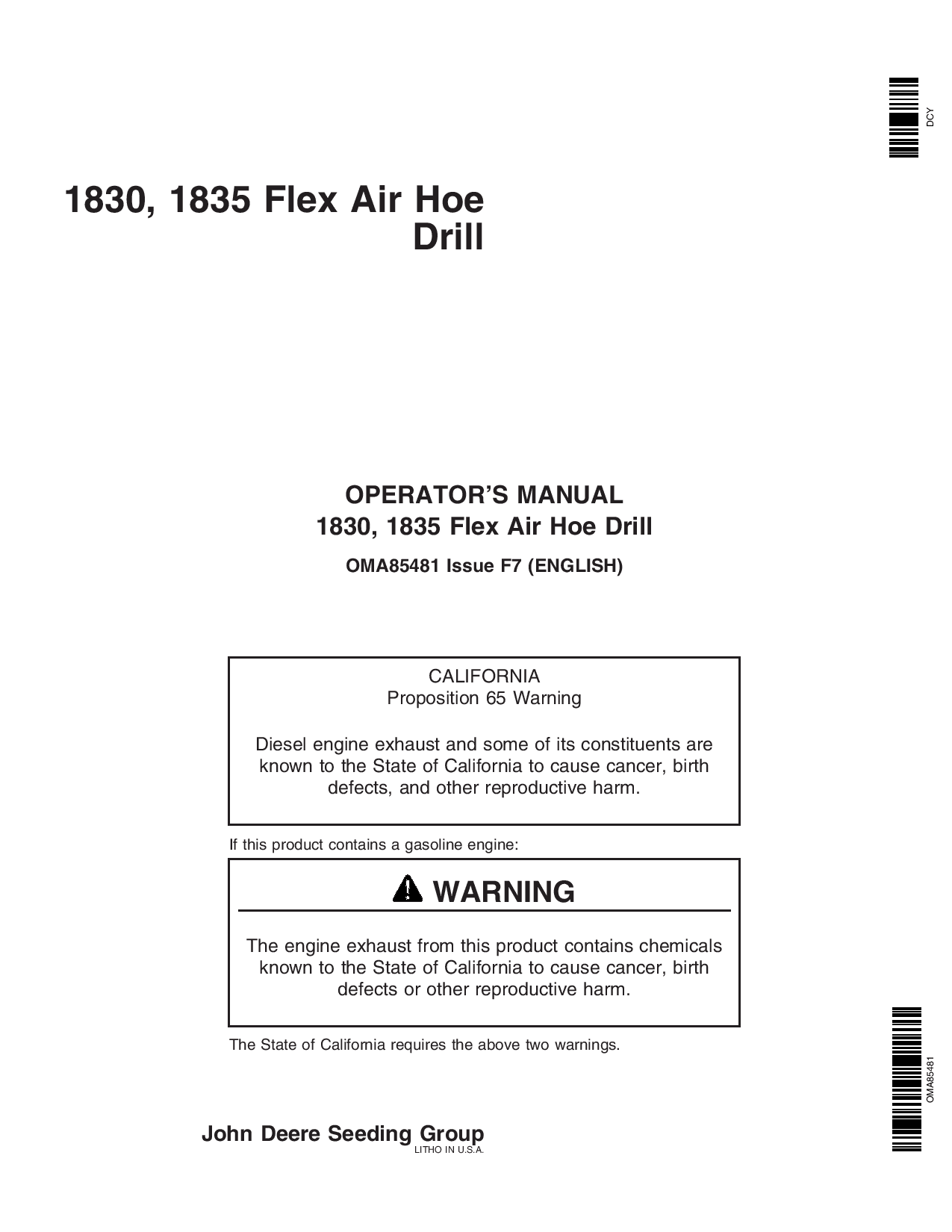 John Deere 1830 & 1835 Flex Air Hoe Drill North American Edition (720101-730100) OMA85481 Operators and Maintenance Manual PDF Download