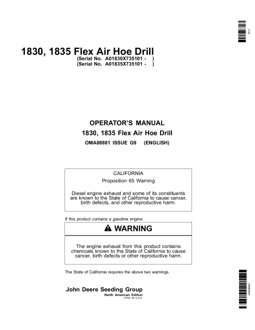 John Deere 1830 & 1835 Flex Air Hoe Drill North American Edition (735101-740100) OMA88881 Operators and Maintenance Manual PDF Download