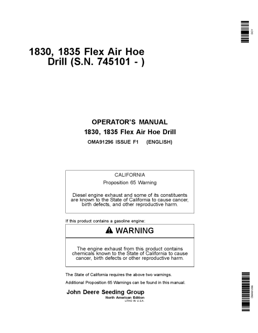 John Deere 1830 1835 Flex Air Hoe Drill North American Edition (745101-750100) OMA91296 Operators and Maintenance Manual PDF Download