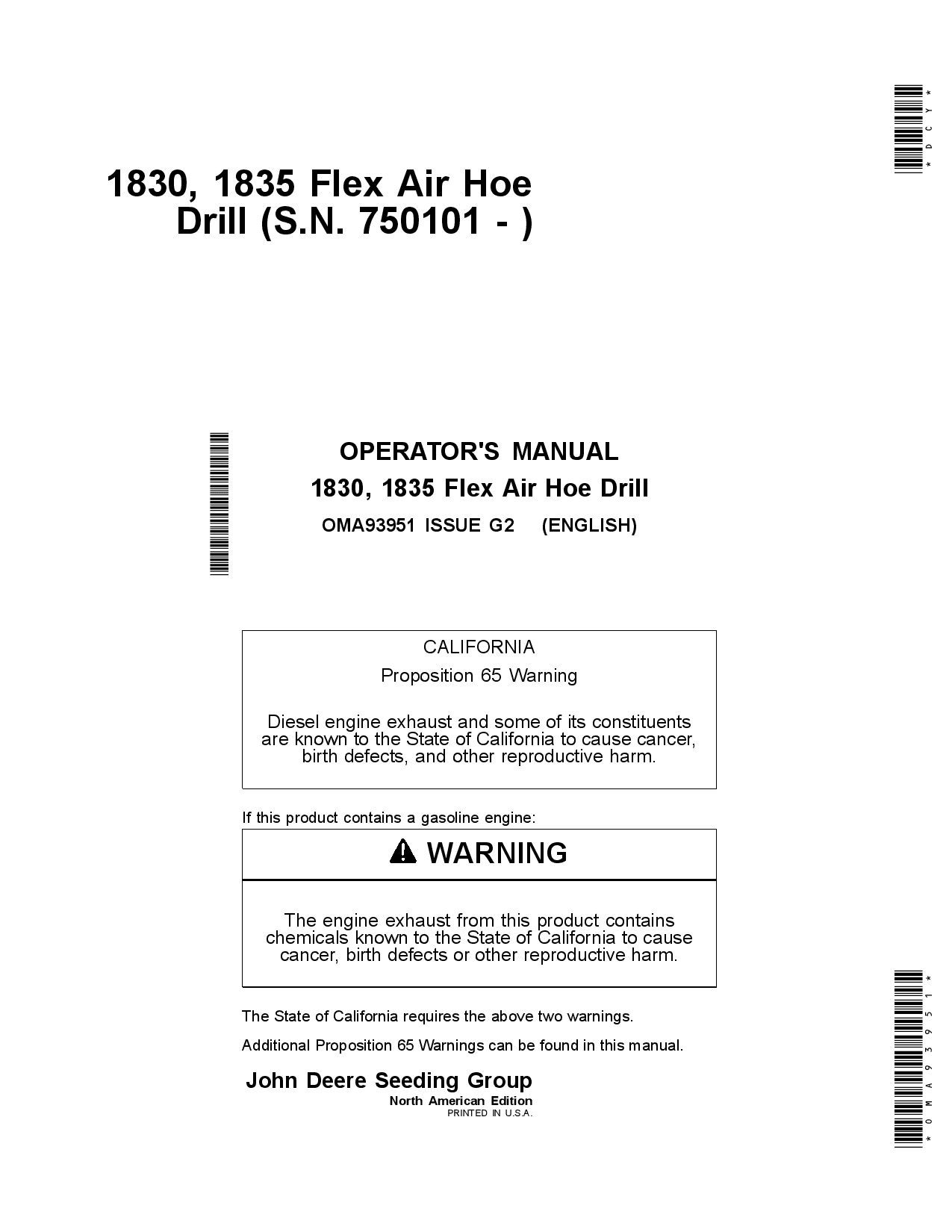 John Deere 1830 1835 Flex Air Hoe Drill North American Edition (750101-760100) OMA93951 Operators and Maintenance Manual PDF Download