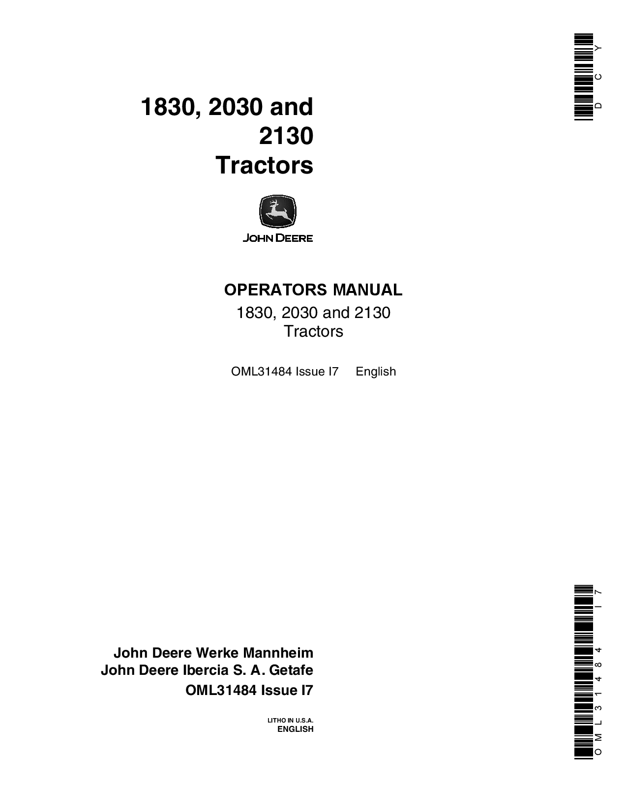 John Deere 1830, 2030, 2130 Tractor OML31484 Operators and Maintenance Manual PDF Download