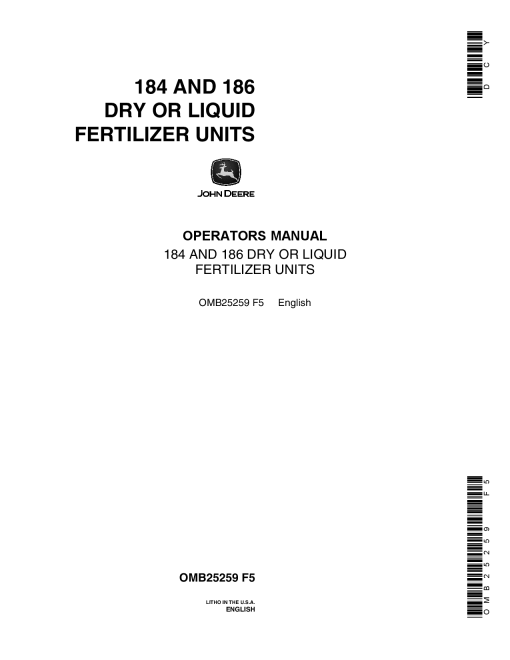 John Deere 184, 186 Dry or Liquid Fertilizer Units OMB25259 Operators and Maintenance Manual PDF Download
