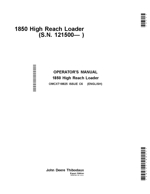 John Deere 1850 High Reach Loaders Export Edition (121500-) OMCXT18825 Operators and Maintenance Manual PDF Download