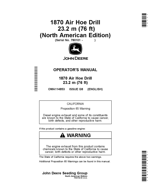 John Deere 1870 Air Hoe Drill 23.2 m (76 ft) OMA114853 Operators and Maintenance Manual PDF Download