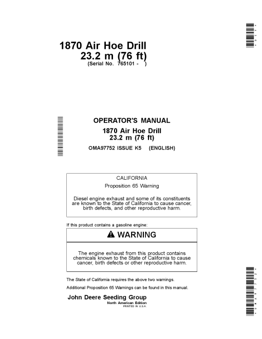 John Deere 1870 Air Hoe Drill 23.2M (76 ft) North America Edition (765101-) OMA97752 Operators and Maintenance Manual PDF Download