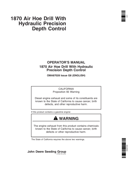 John Deere 1870 Air Hoe Drill North American Edition (730101-735100) OMA87028 Operators and Maintenance Manual PDF Download