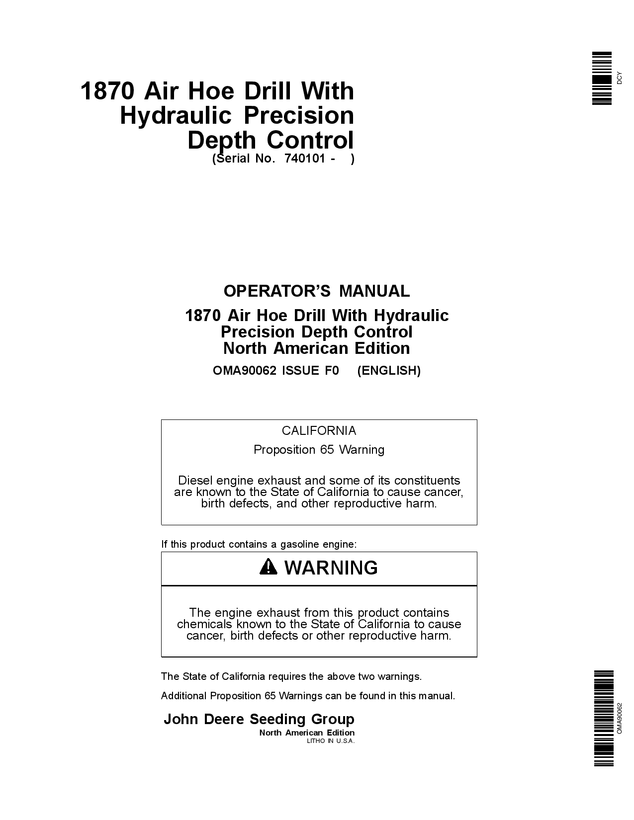 John Deere 1870 Air Hoe Drill North American Edition (740101-745100) OMA90062 Operators and Maintenance Manual PDF Download