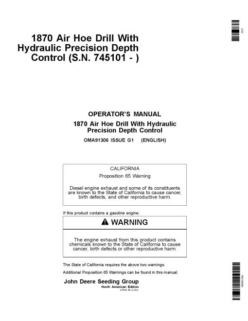 John Deere 1870 Air Hoe Drill North American Edition (745101-750100) OMA91306 Operators and Maintenance Manual PDF Download