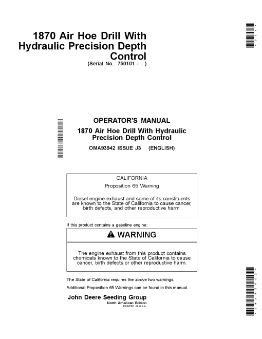 John Deere 1870 Air Hoe Drill North American Edition (750101 -760100) OMA93942 Operators and Maintenance Manual PDF Download
