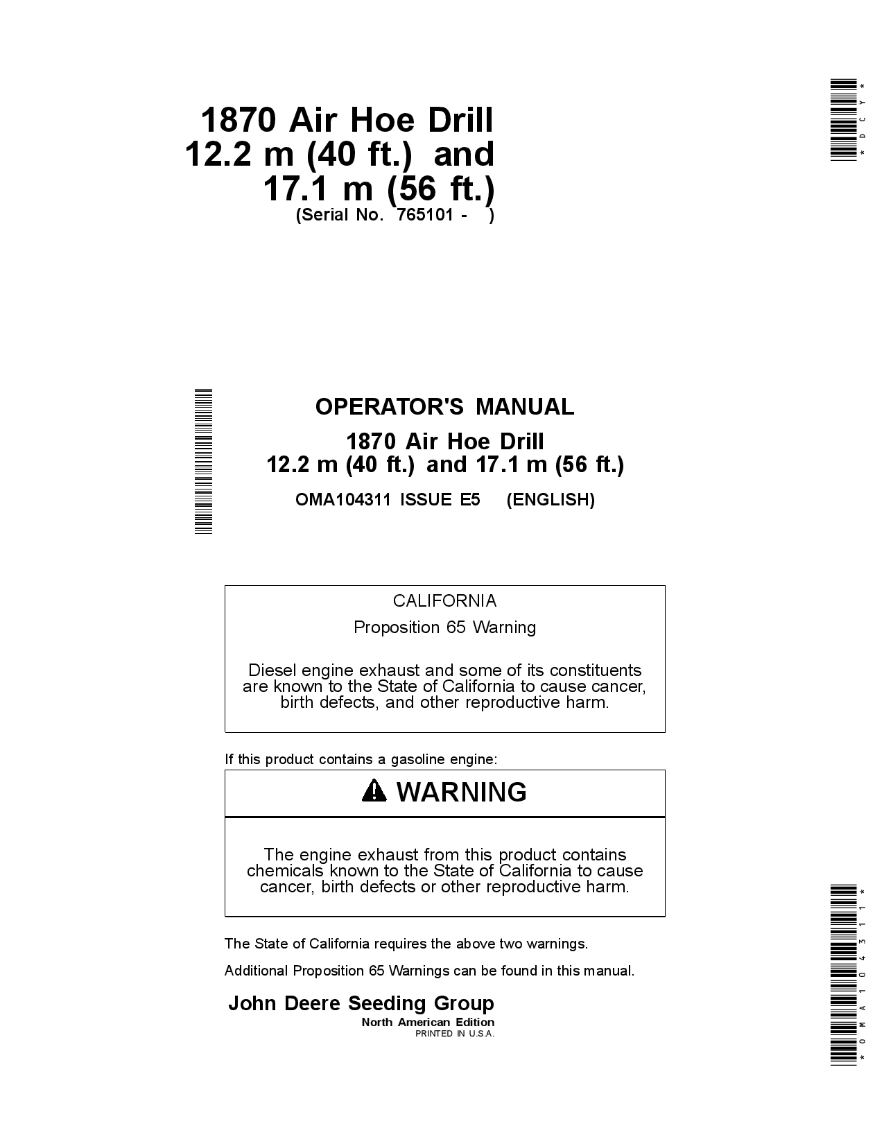 John Deere 1870 Air Hoe Drill12.2M (40 ft) & 17.1M (56ft) North American Edition (765101- ) OMA104311 Operators and Maintenance Manual PDF Download