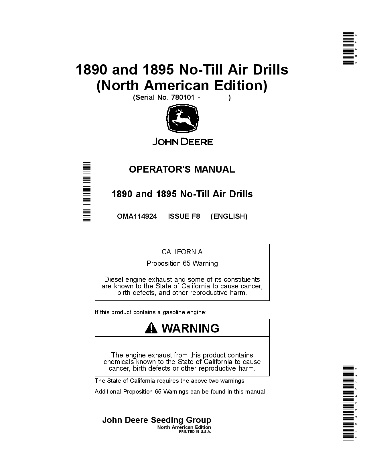 John Deere 1890 &1895 No-Till Air Drills OMA114924 Operators and Maintenance Manual PDF Download