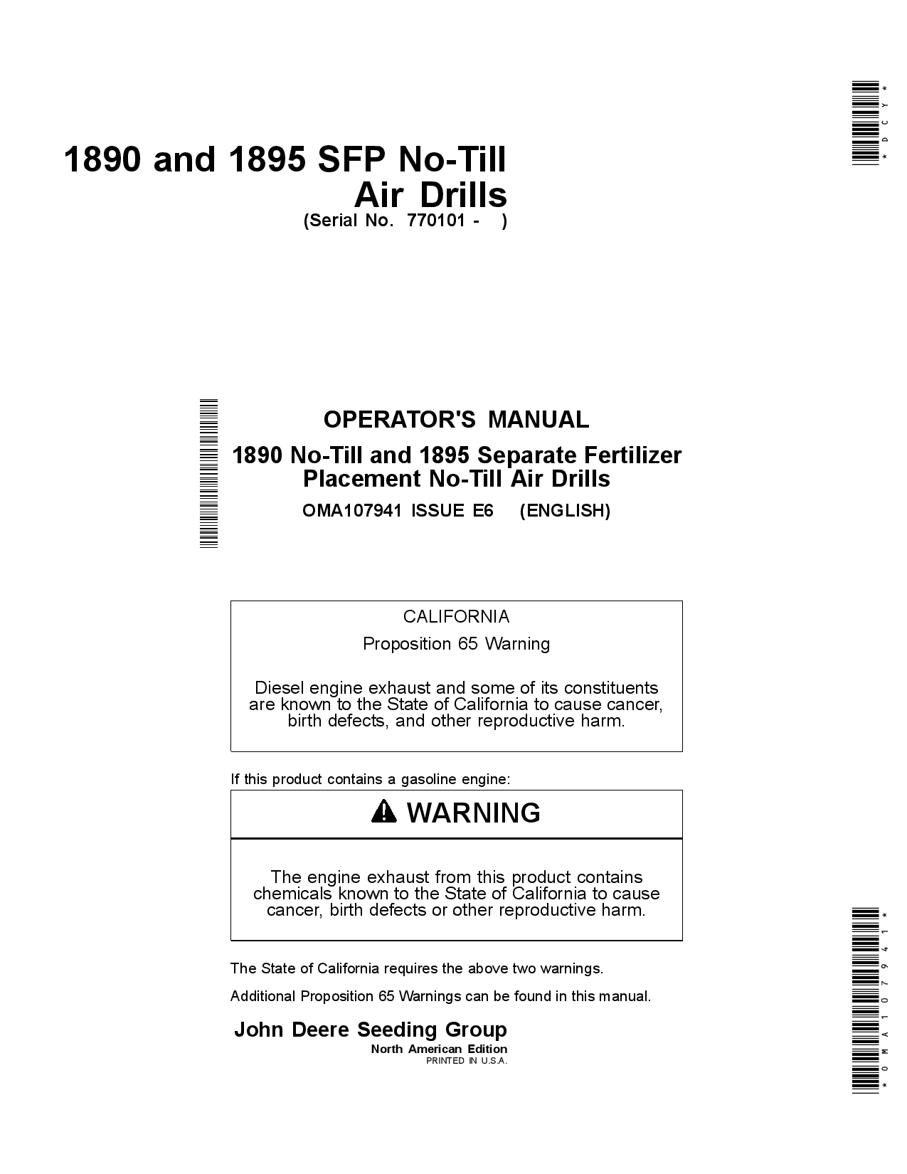 John Deere 1890 & 1895 SFP No-Till Air Drills (North American Edition) OMA107941 Operators and Maintenance Manual PDF Download
