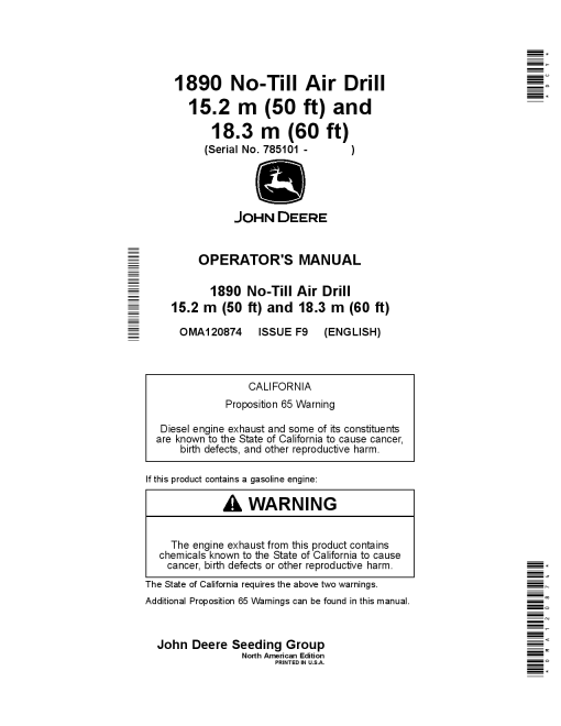 John Deere 1890 No-Till Air Drill 15.2 m (50 ft) and 18.3 m (60ft) OMA120874 Operators and Maintenance Manual PDF Download