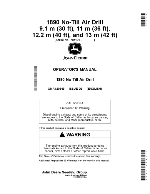 John Deere 1890 No-Till Air Drill 9.1 m (30 ft), 11 m (36 ft), 12.2m (40 ft), and 13 m (42 ft) OMA120845 Operators and Maintenance Manual PDF Download