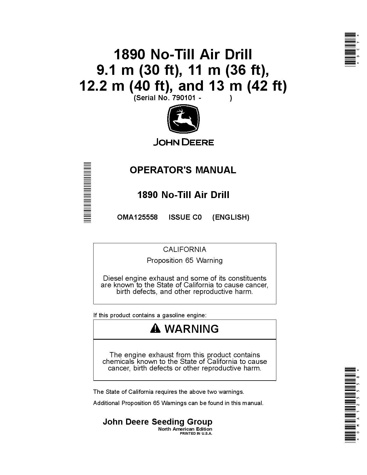 John Deere 1890 No-Till Air Drill 9.1 m (30 ft), 11 m (36 ft), 12.2m (40 ft), and 13 m (42 ft) OMA125558 Operators and Maintenance Manual PDF Download