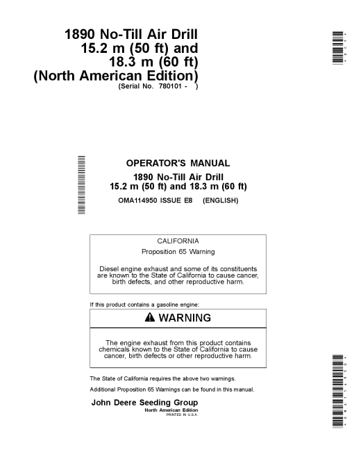 John Deere 1890 No-Till Air Drills 15.2 m (50ft) &18.3 m (60 ft) OMA114950 Operators and Maintenance Manual PDF Download
