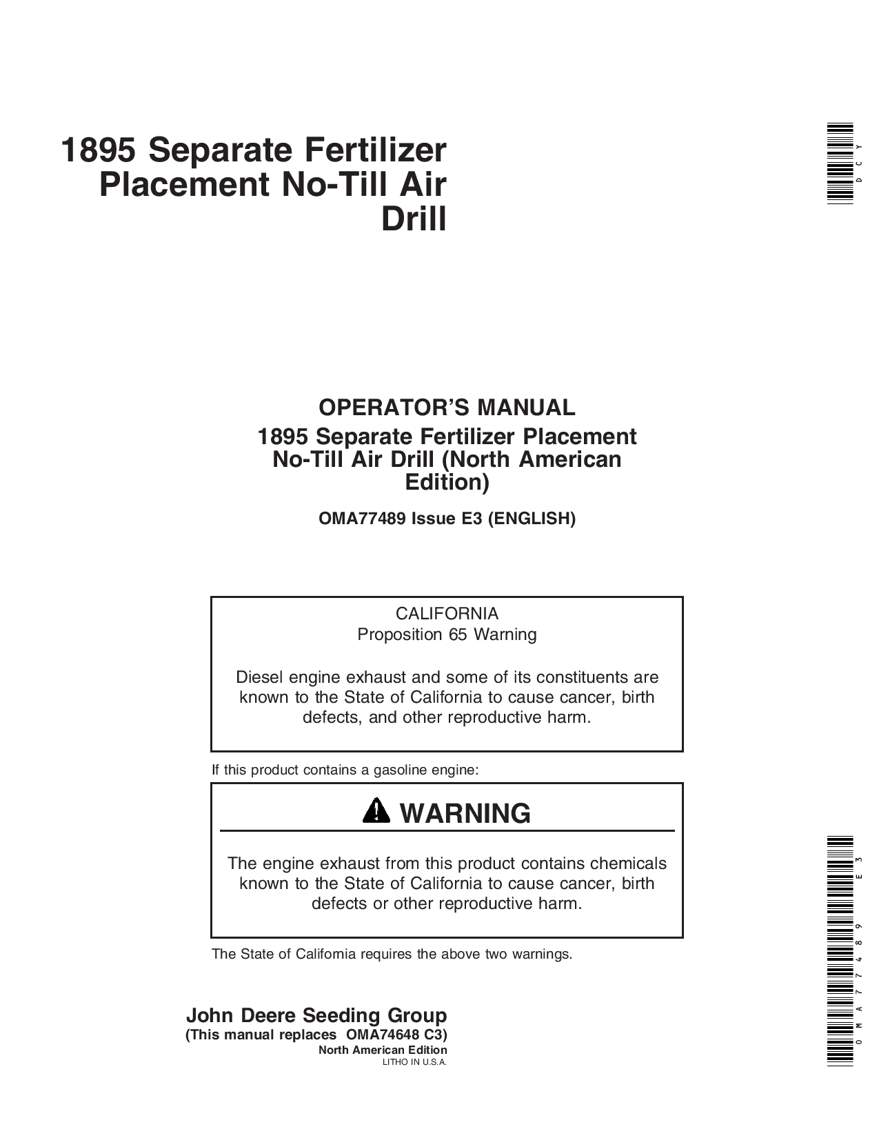 John Deere 1895 SFP No-Till Air Drill North American Edition (7050101-710100) OMA77489 Operators and Maintenance Manual PDF Download
