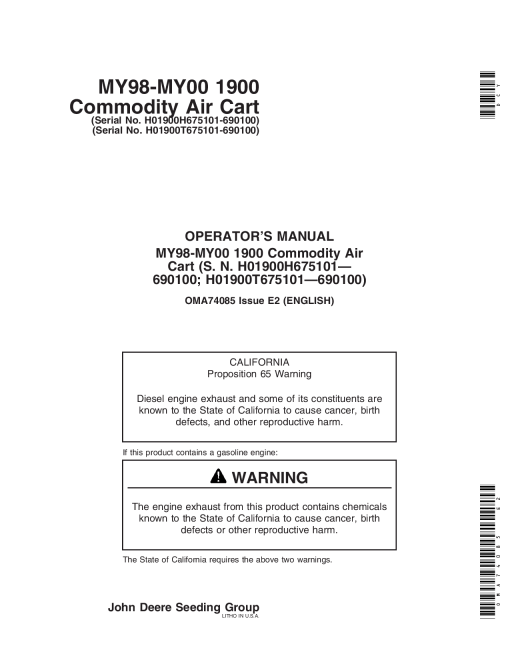 John Deere 1900 Commodity Air Cart North American Edition OMA74085 Operators and Maintenance Manual PDF Download