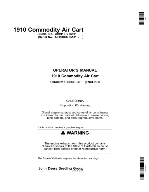 John Deere 1910 Commodity Air Cart Australian & American Edition (735101-740100) OMA88213 Operators and Maintenance Manual PDF Download