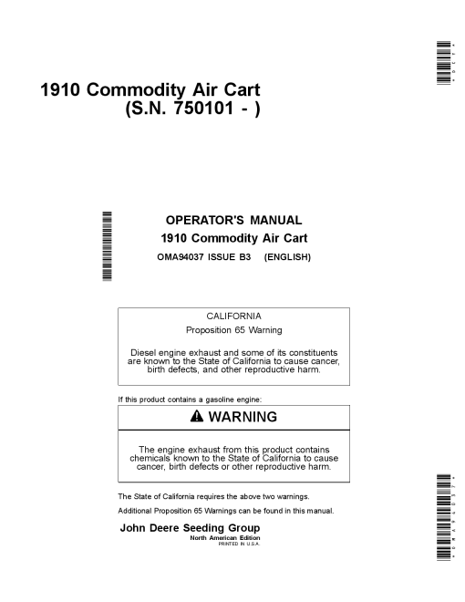 John Deere 1910 Commodity Air Cart (Hyd. Driven) Australian 81 American Edition (750101 -755100) OMA94037 Operators and Maintenance Manual PDF Download