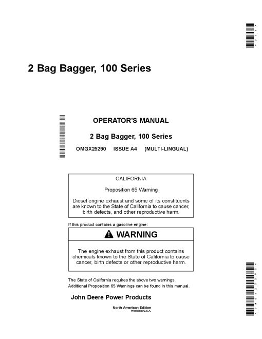 John Deere 2 Bag Bagger, 100 Series (010001-) (North American) OMGX25290 Operators and Maintenance Manual PDF Download