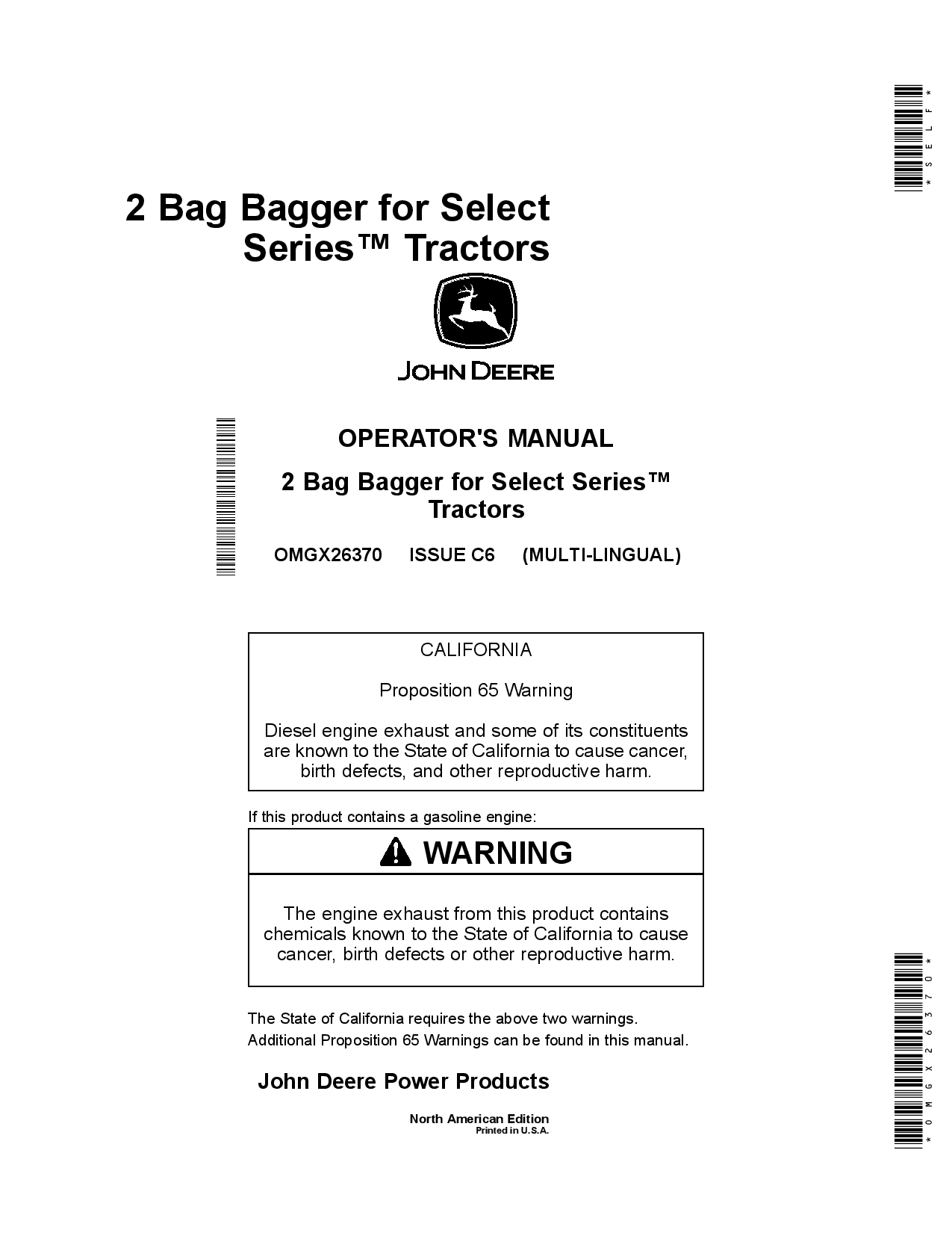 John Deere 2 Bag Bagger for Select Seires trade Tractors OMGX26370 Operators and Maintenance Manual PDF Download