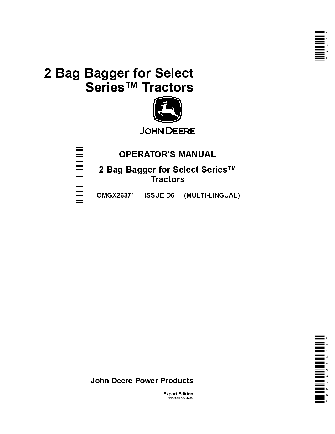 John Deere 2 Bag Bagger for Select Series Tractors (Export Edition) OMGX26371 Operators and Maintenance Manual PDF Download