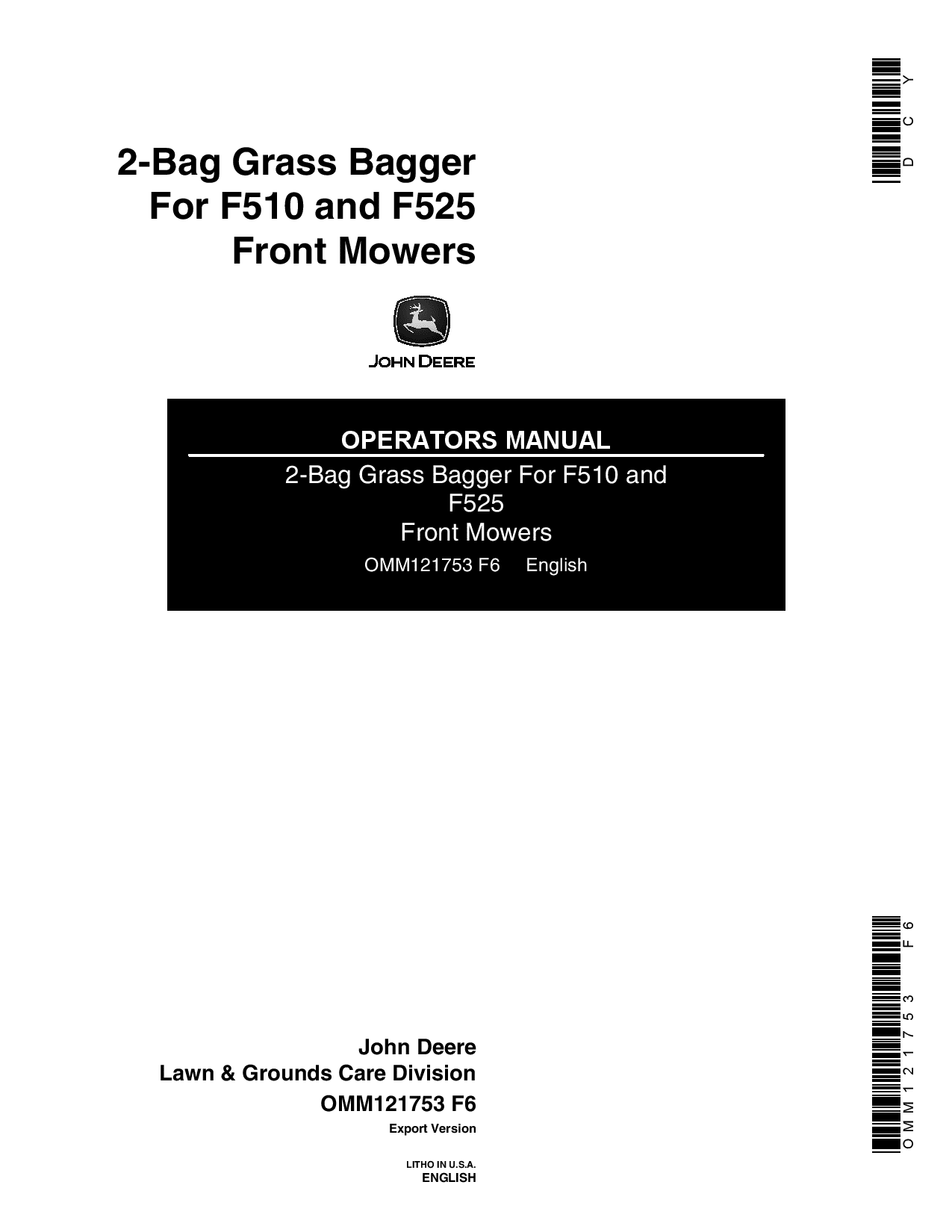 John Deere 2-Bag Grass Bagger for F510, F525 Front Mowers OMM121753 Operators and Maintenance Manual PDF Download