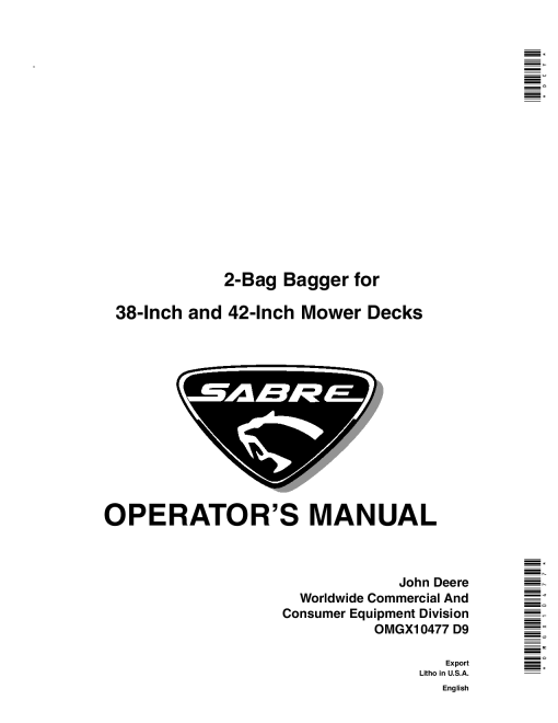 John Deere 2-Bag Sabre Bagger 38-Inch &42-Inch Mower Decks OMGX10477 Operators and Maintenance Manual PDF Download