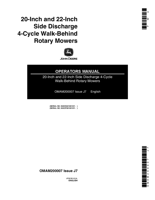 John Deere 20, 22- Inch Side Discharge Rotary Mowers OMAM200007 Operators and Maintenance Manual PDF Download