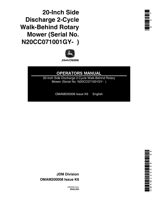 John Deere 20 Inch Walk-Behind Rotary Mower OMAM200008 Operators and Maintenance Manual PDF Download