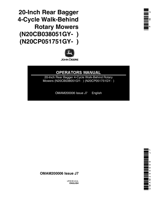 John Deere 20 Inch Walk-Behind Rotary Mowers OMAM200006 Operators and Maintenance Manual PDF Download