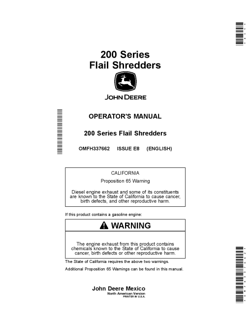 John Deere 200 Series Flail Shredders OMFH337662 Operators and Maintenance Manual PDF Download