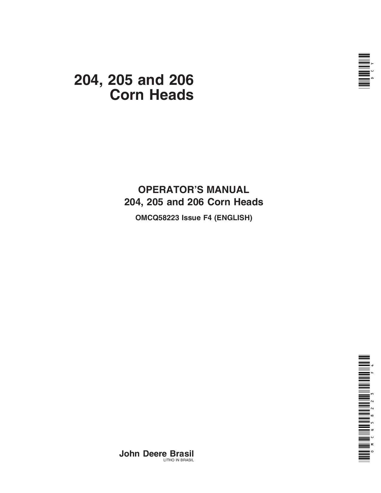John Deere 204, 205, 206 Corn Heads OMCQ58223 Operators and Maintenance Manual PDF Download