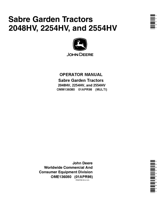 John Deere 2048HV, 2254HV, 2554HV Sabre Tractors (010001-) OMM136080 Operators and Maintenance Manual PDF Download