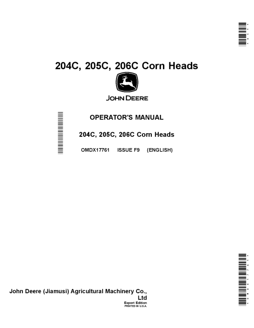 John Deere 204C, 205C, and 206C Corn Heads OMDX17761 Operators and Maintenance Manual PDF Download