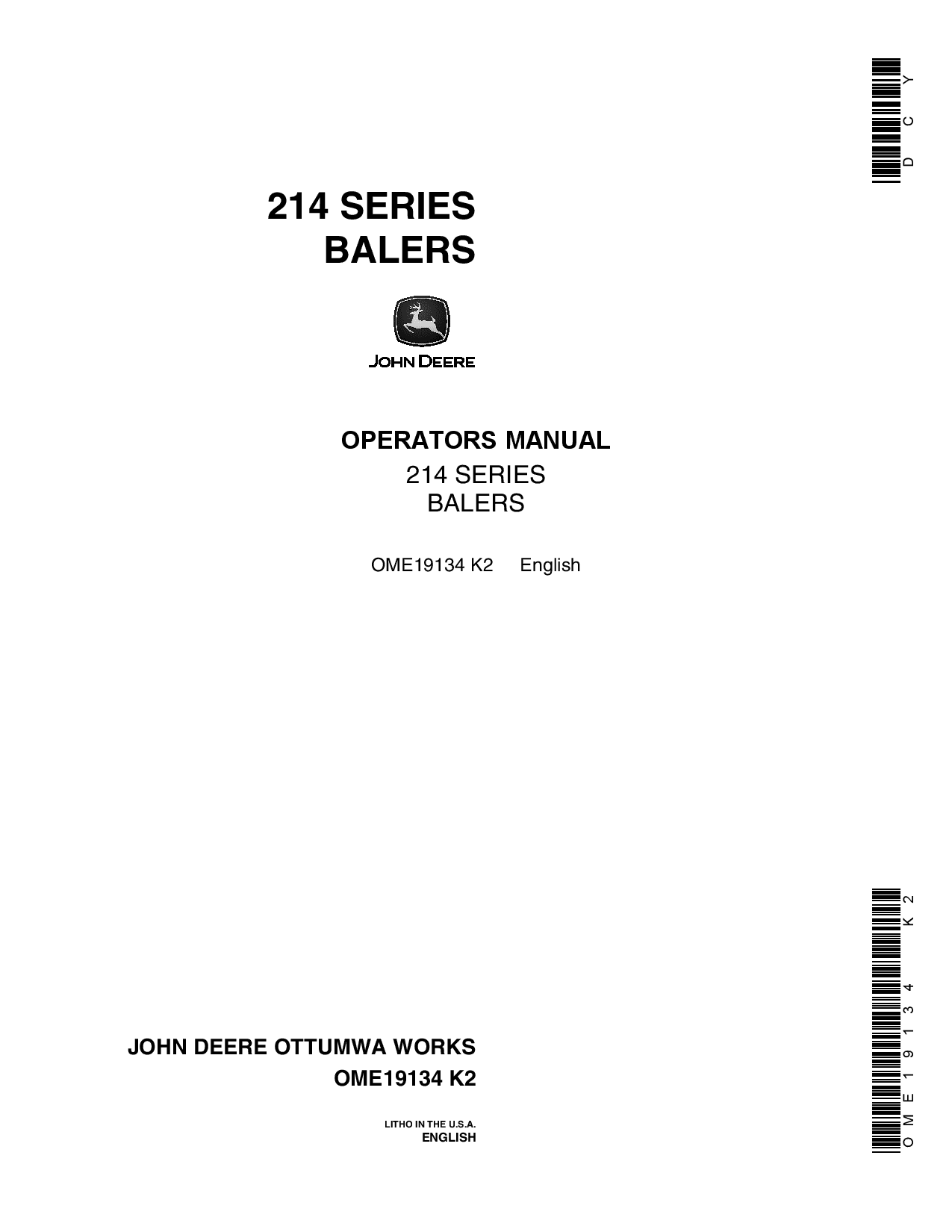 John Deere 214 Series Balers - 214T, 214WS OME19134 Operators and Maintenance Manual PDF Download