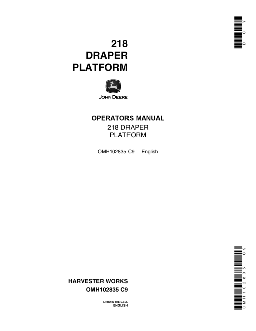 John Deere 218 Draper Platfrom (-547400) OMH102835 Operators and Maintenance Manual PDF Download