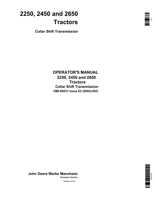 John Deere 2250, 2450 & 2650 Tractors OML60031 Operators and Maintenance Manual PDF Download