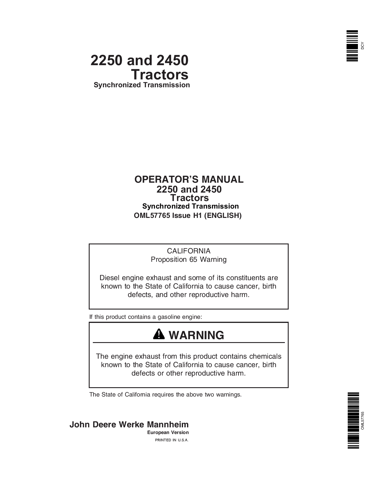 John Deere 2250 and 2450 Tractors OML57765 Operators and Maintenance Manual PDF Download