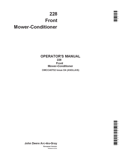 John Deere 228 Front Mower-Conditioner OMCC40732 Operators and Maintenance Manual PDF Download