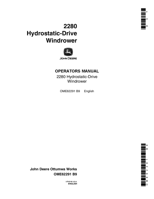 John Deere 2280 Hydrostatic-Drive Windrower OME62291 Operators and Maintenance Manual PDF Download