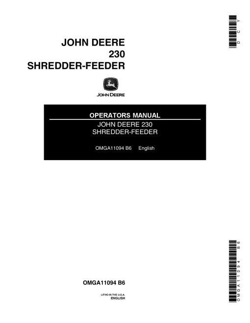 John Deere 230 Shredder-Feeder OMGA11094 Operators and Maintenance Manual PDF Download