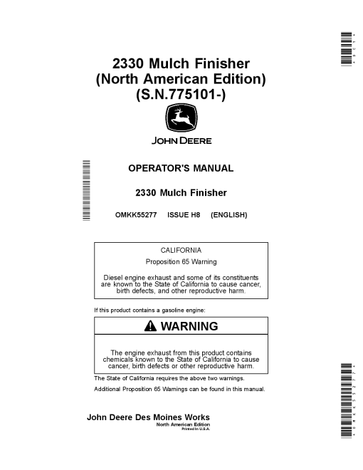 John Deere 2330 Mulch Finisher OMKK55277 Operators and Maintenance Manual PDF Download