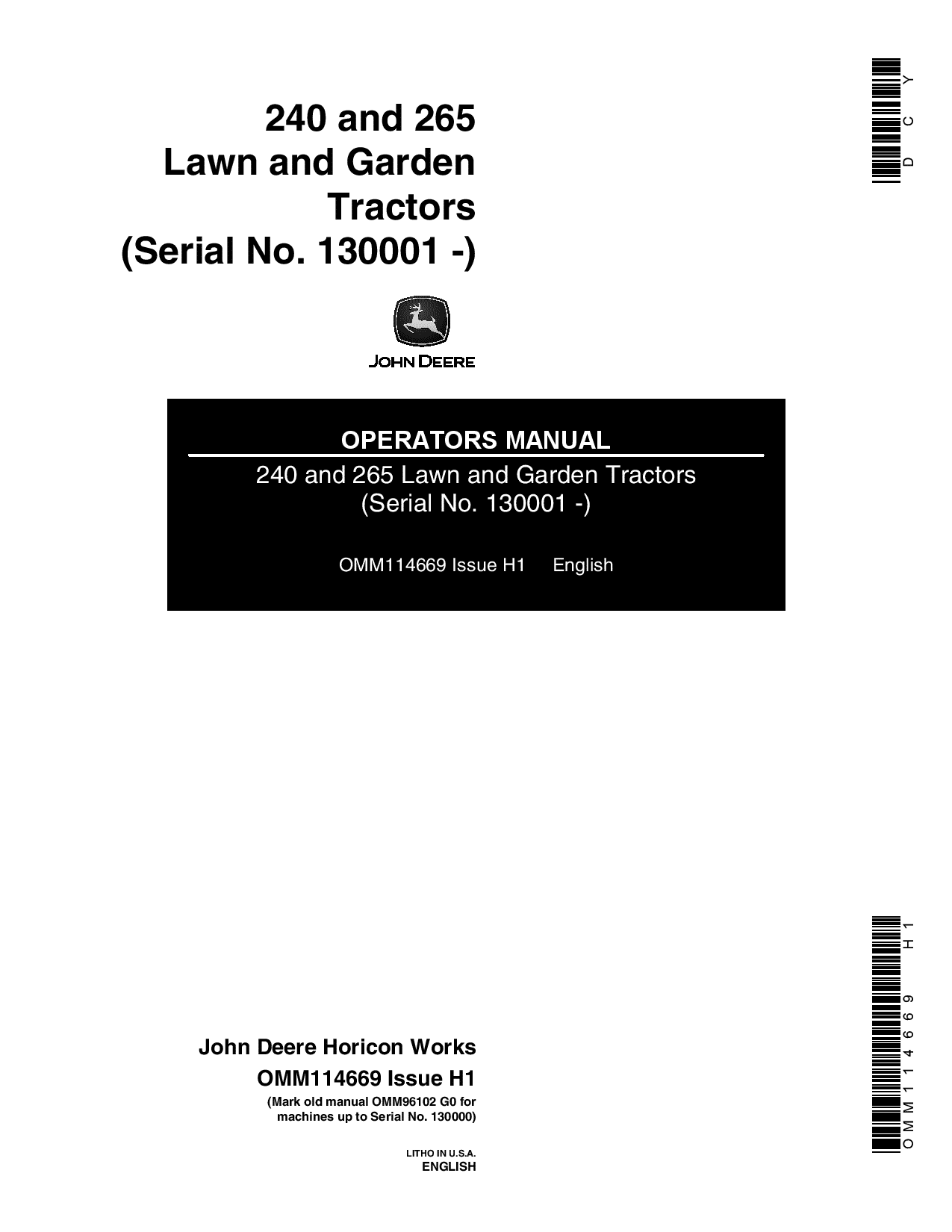 John Deere 240 & 265 Lawn & Garden Tractors OMM114669 Operators and Maintenance Manual PDF Download