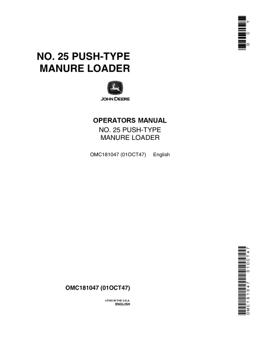 John Deere 25 Push-Type Manure Loader OMC181047 Operators and Maintenance Manual PDF Download